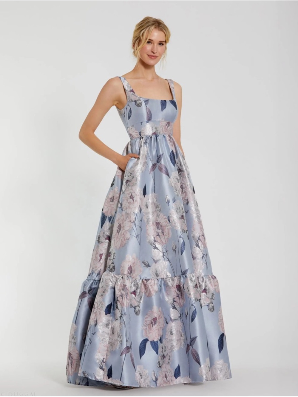 Mac Duggal Blue Floral Printed Satin Gown with Pockets